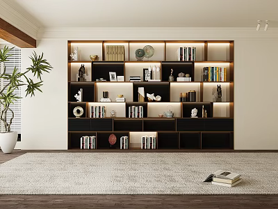 Modern Wall Bookcase With Layered Shelves Lighting Books And Decorative Ornaments 3d model