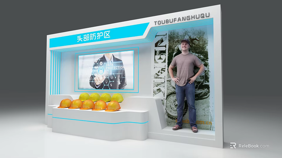 Display Shelves In Head Protection Area With Safety Helmets And Digital Screen 3d model 