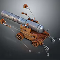 Medieval Cannon Weapon Featuring Silver Metal Barrel Wooden Carriage With Wheels And Chains
