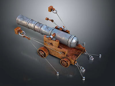 Medieval Cannon Weapon Featuring Silver Metal Barrel Wooden Carriage With Wheels And Chains 3d model