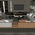 Modern Living Room Interior Design With Wooden Ceiling Stone Wall Fireplace And Large Sofa