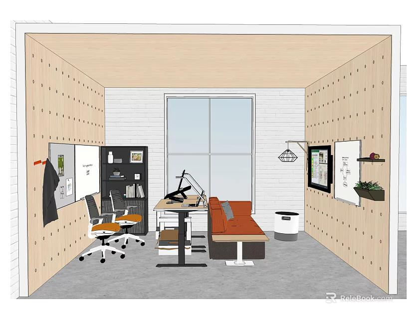 Modern Office Interior With Wooden Desk Office Chair Bookshelf Sofa And Large Window 3d model 
