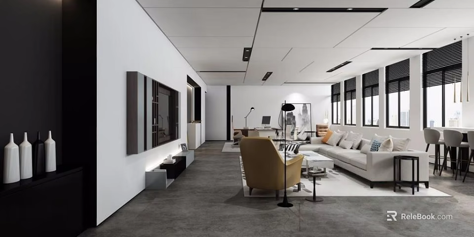 Modern Office Interior With Sofa Armchair Work Desk And Large Windows Design 3d model