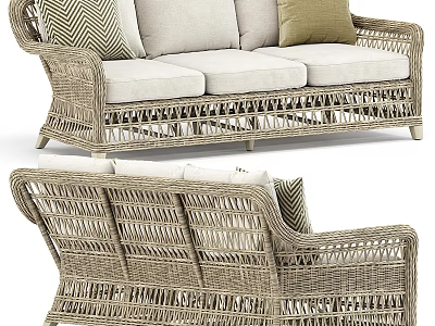 Outdoor Rattan Three Seater Sofa With Comfortable Neutral Cushions For Patio Furniture Design 3d model
