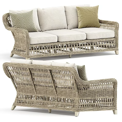 Outdoor Rattan Three Seater Sofa With Comfortable Neutral Cushions For Patio Furniture Design 3d model