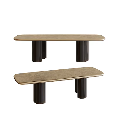 Two Modern Minimalist Dining Tables With Light Wood Top And Black Cylindrical Legs Design 3d model