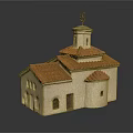 Cream Colored Chapel Building With Red Tiled Roof Arched Windows And Tower Ornamental Top