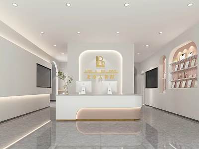 Modern Elegant Shop Front Desk with White Gold Design Marble Countertop Side Screens and Shelves 3d model