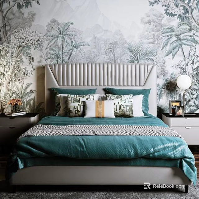 Double Bed with Striped Headboard Teal Bedspread and Patterned Pillows Against Tropical Plant Wallpaper 3d model 