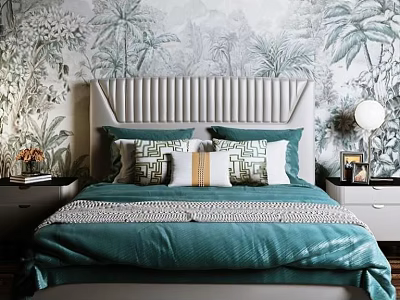 Double Bed with Striped Headboard Teal Bedspread and Patterned Pillows Against Tropical Plant Wallpaper 3d model