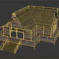 Cartoon Style Traditional Japanese Thatched Roof House With Wooden Structure Steps And Platform