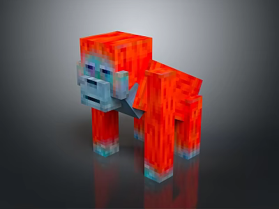 Pixel Style Gorilla Creature With Red Orange Body And Blue Accents 3d model