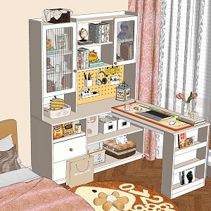 Cream Style Desk Combination Bookcase Jewelry Toy Ornaments Book Carpet 3d model