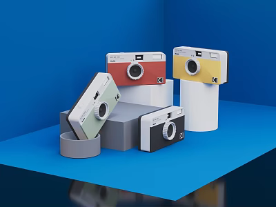 Vintage Digital Cameras With Colorful Designs Displayed On Blue Platform Stand 3d model