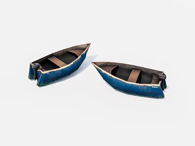 Two Vintage Wooden Boats With Blue Hulls And Brown Interior Seats 3d model