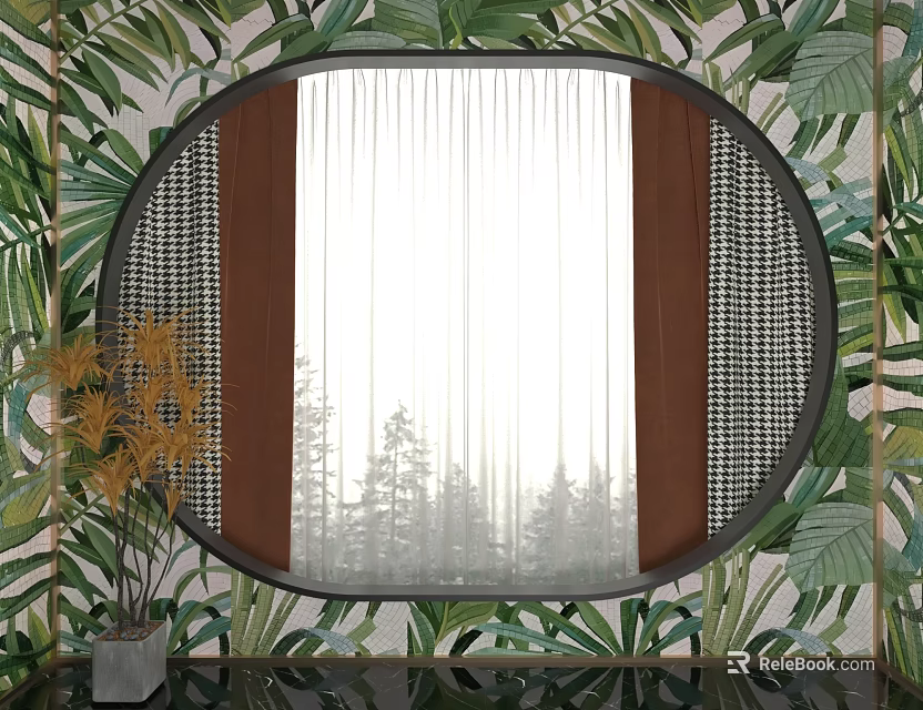White Sheer And Brown Fabric Curtains For Oval Window In Green Tropical Plant Wallpaper Interior 3d model 