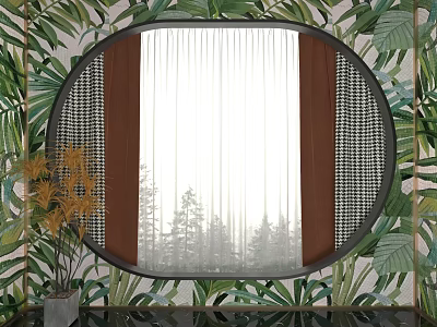 White Sheer And Brown Fabric Curtains For Oval Window In Green Tropical Plant Wallpaper Interior 3d model