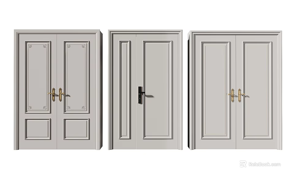 Elegant White Double Doors Featuring Various Metal Handles For Modern Interior 3d model