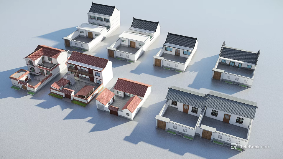 Various Rural Self Built House Designs With Black Red Roofs And White Walls 3d model 