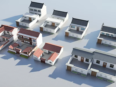 Various Rural Self Built House Designs With Black Red Roofs And White Walls 3d model