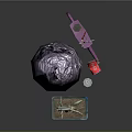 Dead Tree Branch On Blue Base With Purple Bag Red Cans And Purple Trash Bin