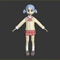 Cute Anime Character With Blue Pigtails Beige Top Red Plaid Skirt White Socks And Pink Shoes