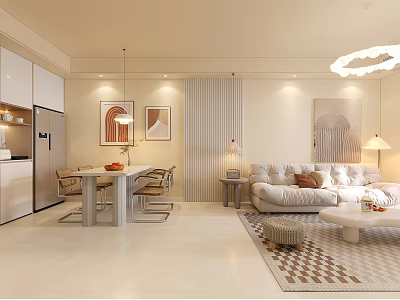Modern Living and Dining Room Interior With Sofa Dining Table Chairs Artwork And Chandelier 3d model