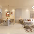 Modern Living and Dining Room Interior With Sofa Dining Table Chairs Artwork And Chandelier