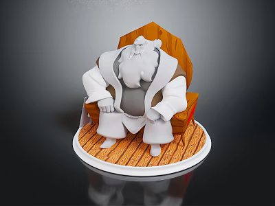 Wooden Chair Featuring Seated Cartoon Character In White Robe On Circular Base 3d model