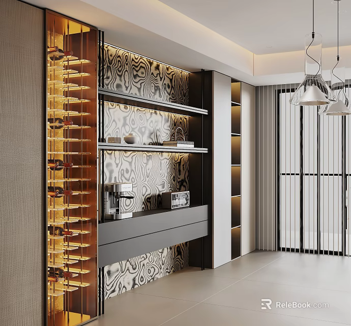 Stylish Modern Dining Room Sideboard With Wine Rack Patterned Wallpaper And Pendant Lights 3d model 