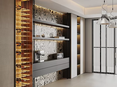Stylish Modern Dining Room Sideboard With Wine Rack Patterned Wallpaper And Pendant Lights 3d model