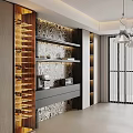 Stylish Modern Dining Room Sideboard With Wine Rack Patterned Wallpaper And Pendant Lights
