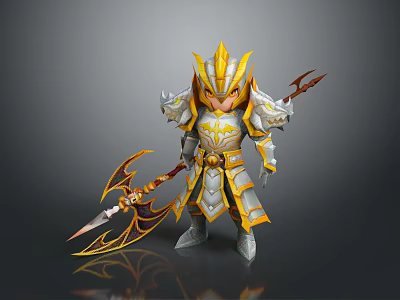 The Man Warrior In Golden Silver Armor With Decorated Helmet And Spear 3d model