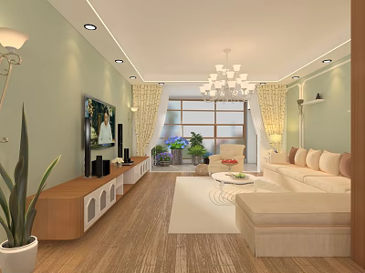 Bright Cozy Modern Living Room With Beige Sofa TV Cabinet And Fresh Indoor Green Plants 3d model
