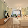Bright Cozy Modern Living Room With Beige Sofa TV Cabinet And Fresh Indoor Green Plants