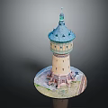 Detailed Architectural Tower Model With Blue Roof And Yellow Decorative Walls