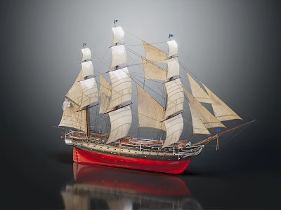 Vintage Sailing Ship Model With Red Hull And White Sails On Dark Background 3d model
