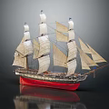 Vintage Sailing Ship Model With Red Hull And White Sails On Dark Background