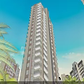 Modern Tall Residential Building with Balconies Palm Trees Blue Sky and White Clouds