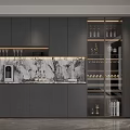 Modern Wine Cabinet With Glass Door Wine Bottles Glasses Gray Cabinets And Marble Countertop