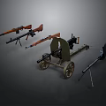 Classic Weapons Display Featuring Rifles Machine Guns and Wheel Mounted Firearms 3d model