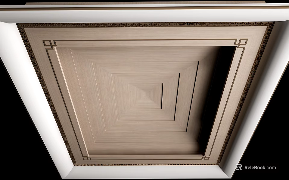 Elegant Layered Square Ceiling Design With Wooden Texture And Decorative Borders 3d model 
