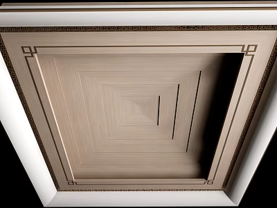 Elegant Layered Square Ceiling Design With Wooden Texture And Decorative Borders 3d model
