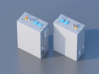 Two White Household Devices With Blue Buttons And Yellow Indicator Lights 3d model