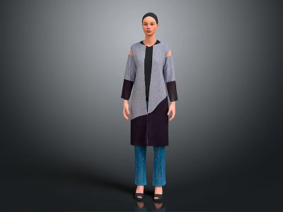 Woman In Long Gray And Dark Purple Coat With Black Top Blue Jeans And Heels 3d model