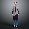 Woman In Long Gray And Dark Purple Coat With Black Top Blue Jeans And Heels