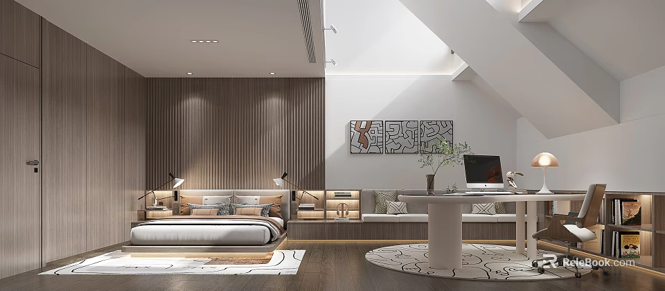 Modern Minimalist Multifunctional Interior Design With Bed Sofa Desk Wooden Wall And Decorative Painting 3d model 