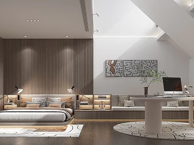 Modern Minimalist Multifunctional Interior Design With Bed Sofa Desk Wooden Wall And Decorative Painting 3d model