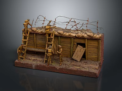 Cartoon Military Scene With Soldiers Climbing Ladders Barbed Wire Bunker And Wooden Crates 3d model