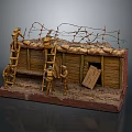 Cartoon Military Scene With Soldiers Climbing Ladders Barbed Wire Bunker And Wooden Crates